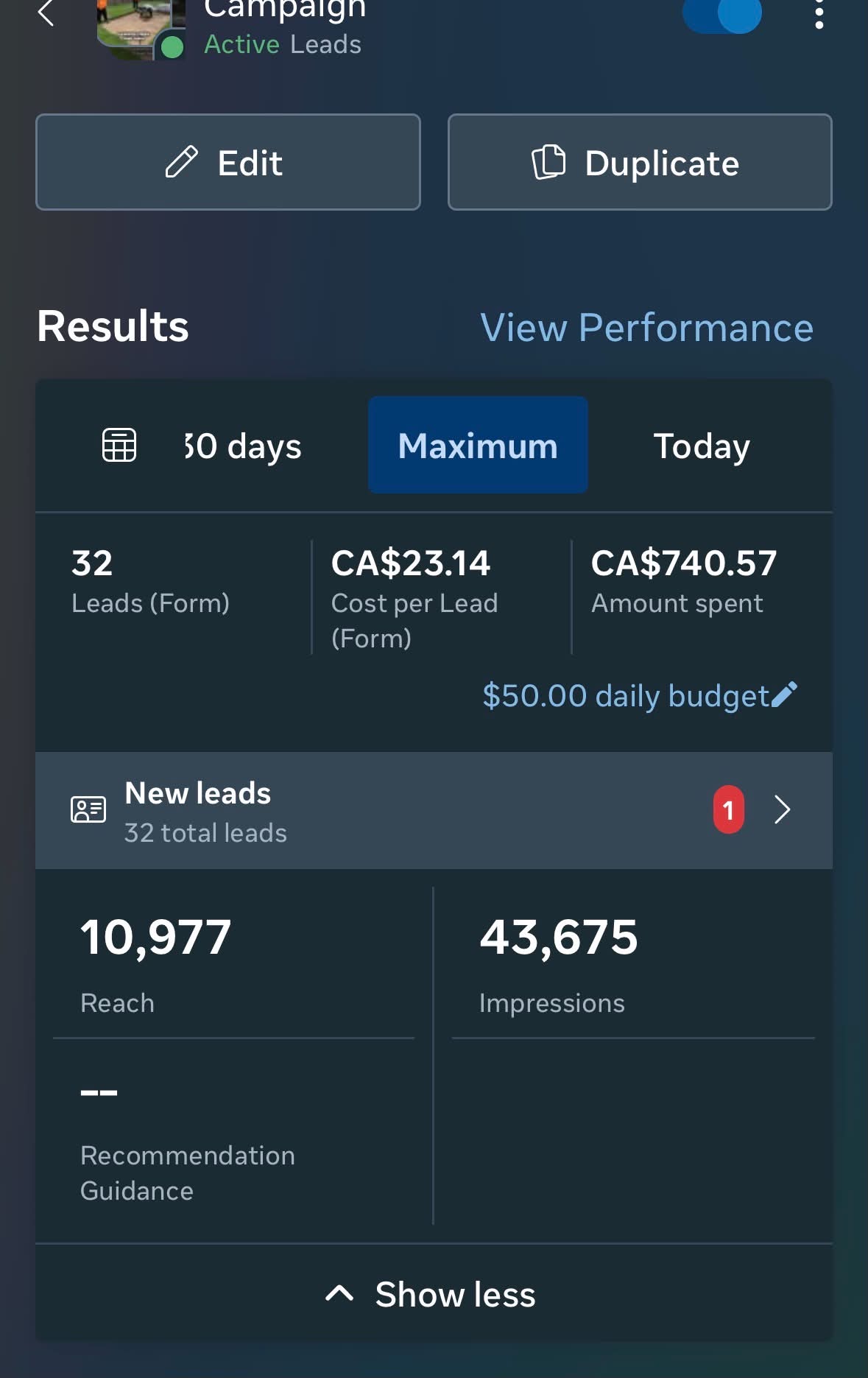 32 leads at CA$23.14 cost per lead
